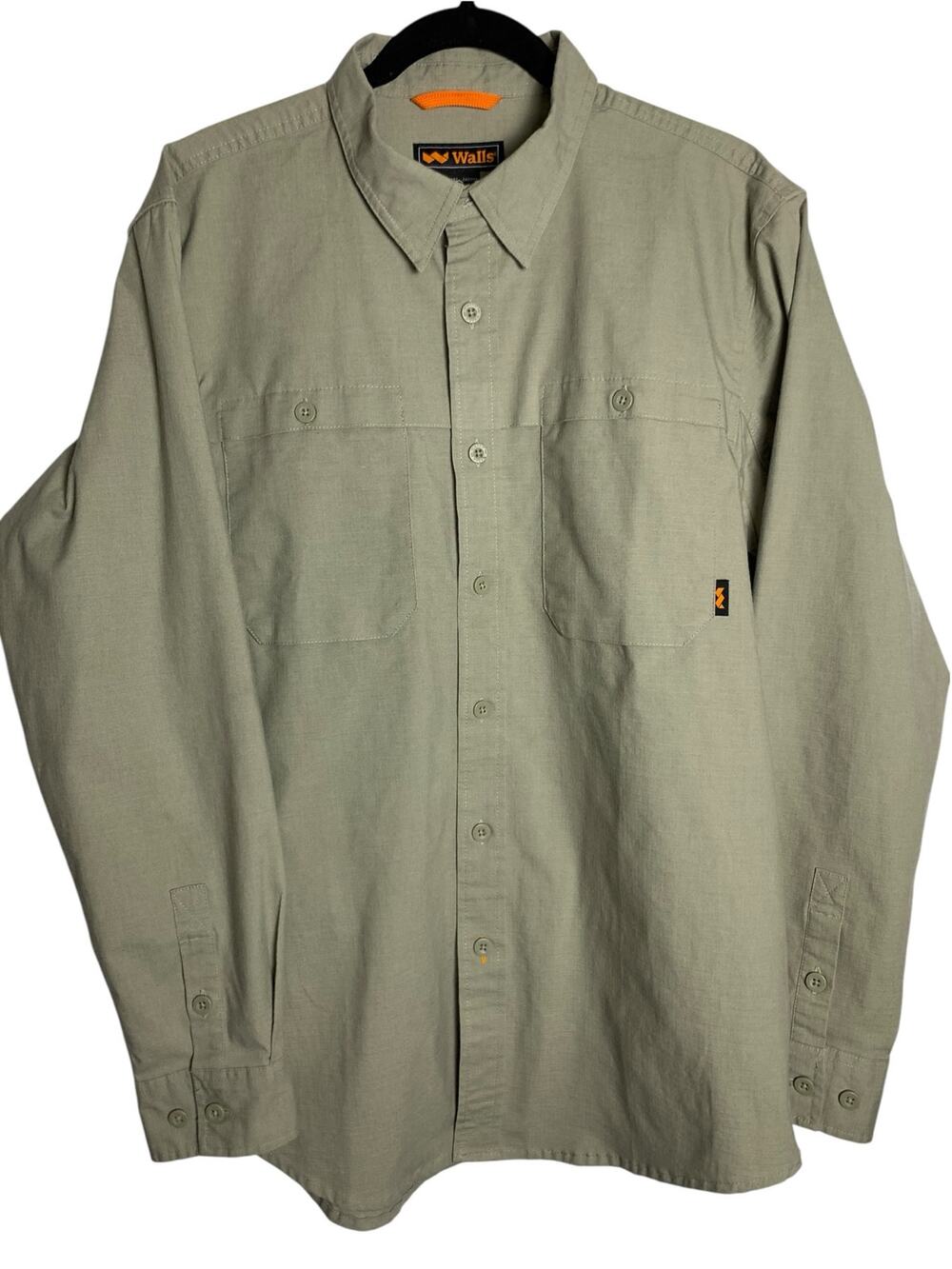 Walls Men’s Large Khaki Long Sleeve Outdoor Work Shirt Button Up Utility Pockets